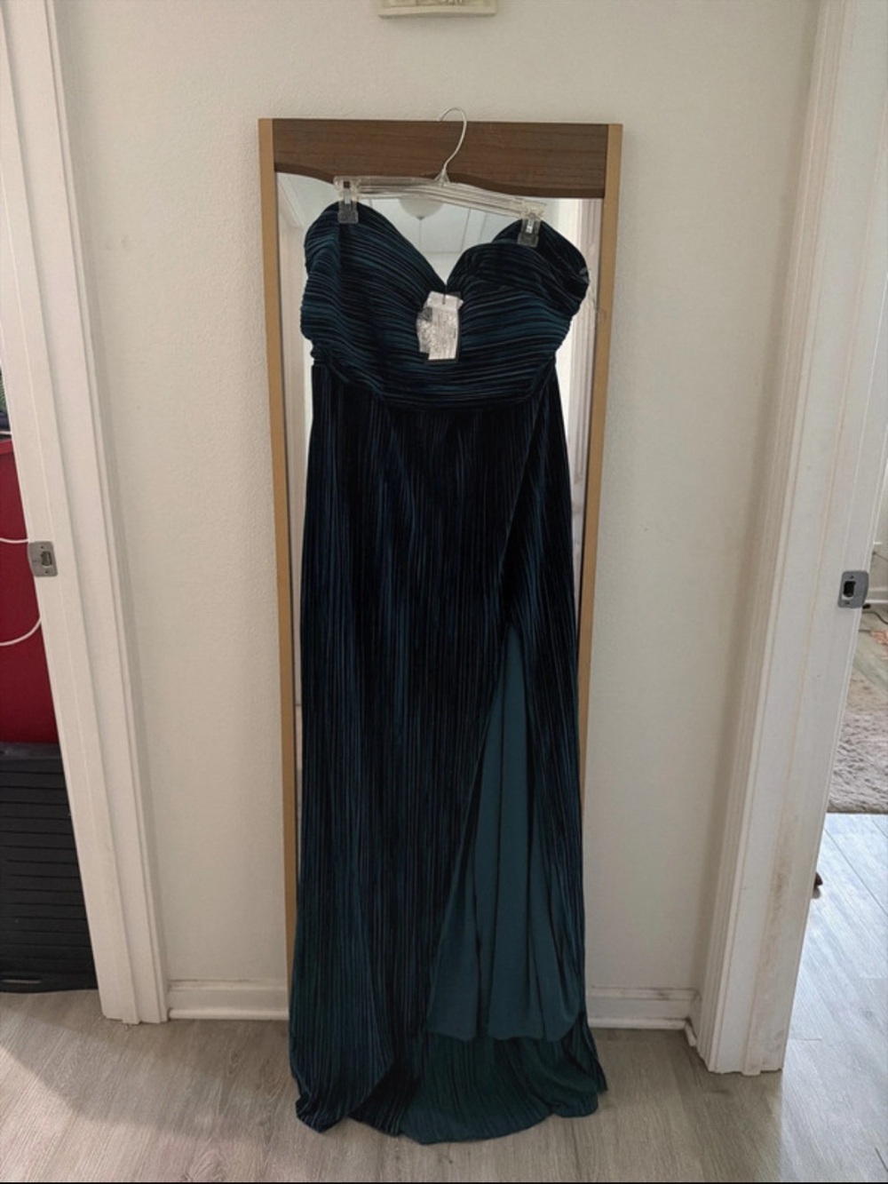 Strapless Pleated Velvet Maxi Dress in Dark Green
